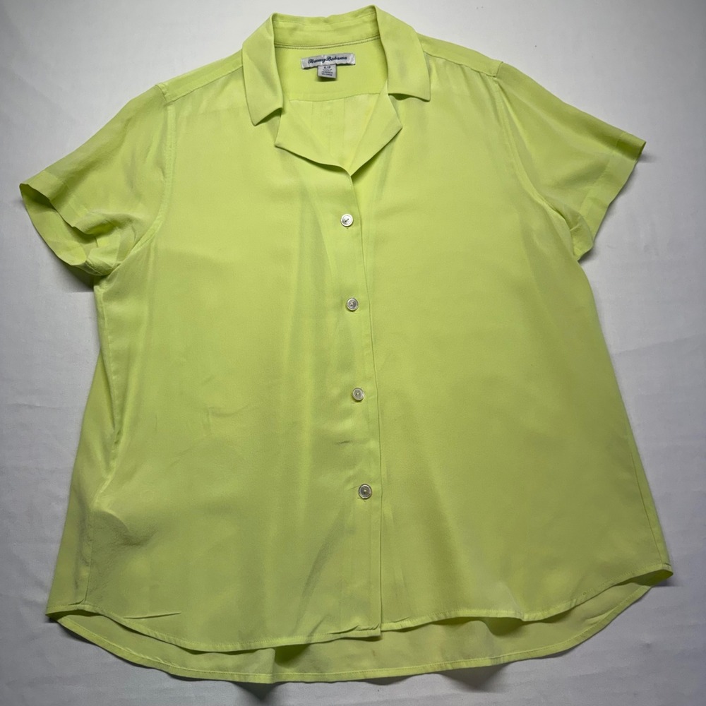 Tommy Bahama 100% Silk Blouse Womens S Lime Chartreuse Button Front Resort